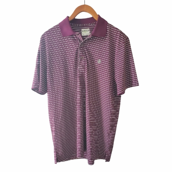 Izod Burgundy Striped Golf Polo Shirt Size Medium - Picture 1 of 5